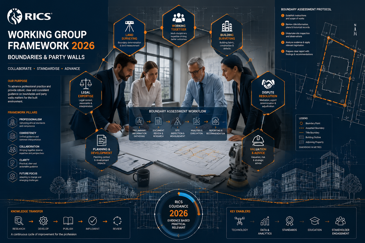 Editorial-style infographic visualizing the RICS Working Group Framework for 2026, featuring a complex architectural