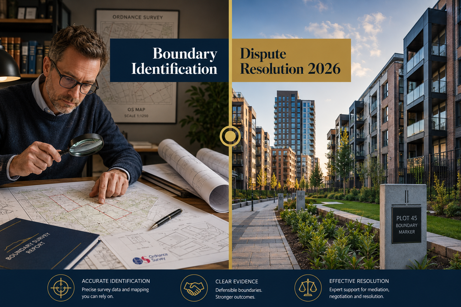 Split-composition editorial image: left side shows a surveyor at a desk reviewing boundary demarcation plans and OS maps