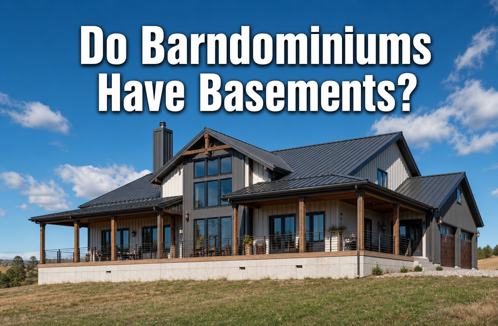 Professional () hero image with : 'Do Barndominiums Have Basements?' in extra large white with dark drop , centered in upper