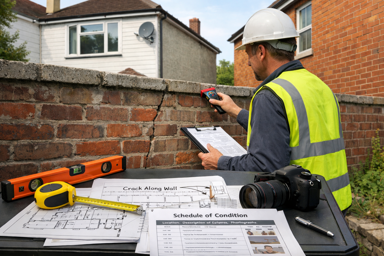Detailed () editorial illustration showing professional party wall surveyor conducting property inspection at shared