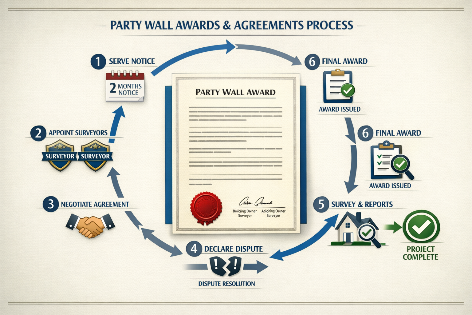 Sophisticated () infographic-style visualization displaying party wall awards and agreements workflow process. Central focus
