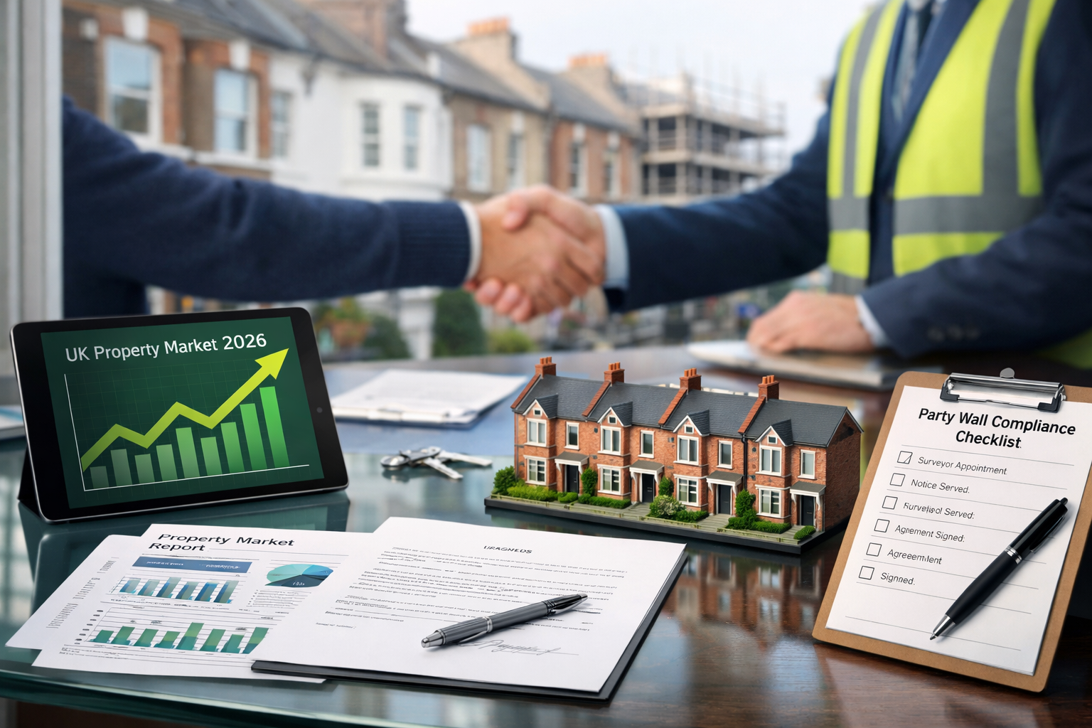 Compelling () conceptual business photograph showing stabilizing UK property market in 2026 context. Foreground features