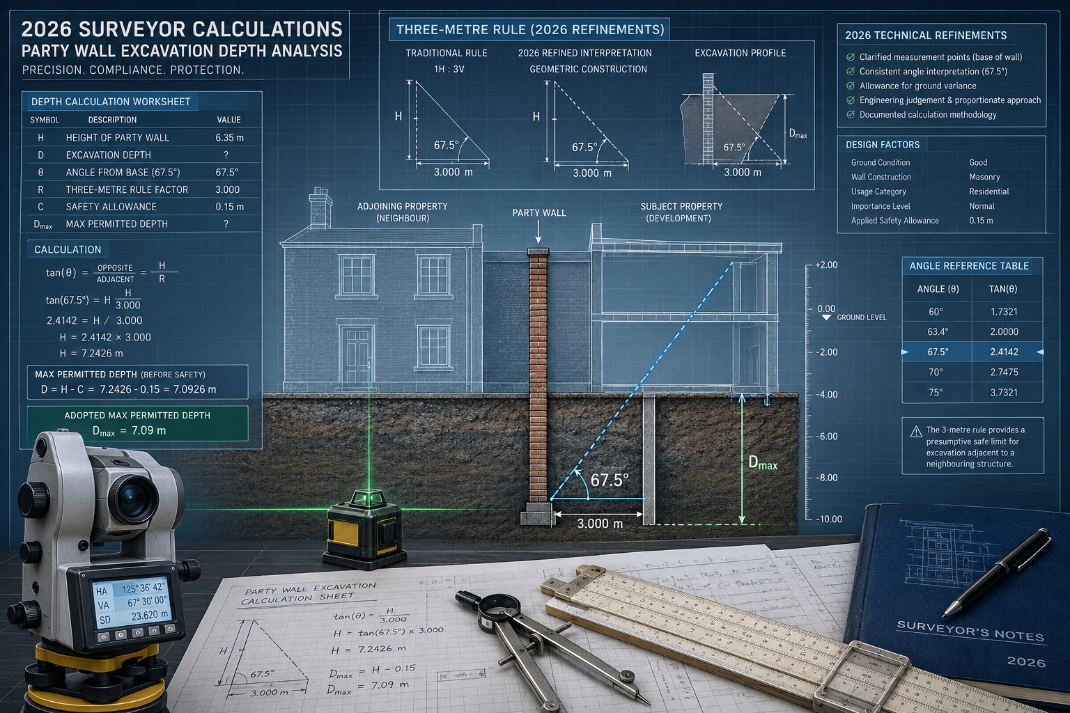 Technical architectural engineering infographic visualizing 2026 surveyor calculations for party wall excavation depths,