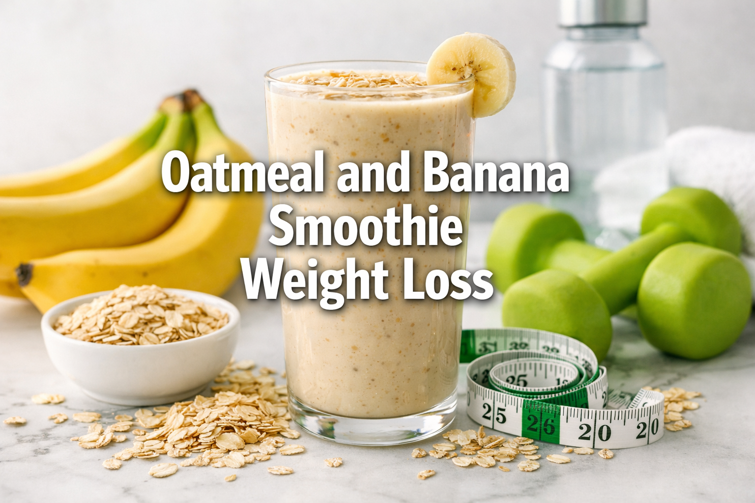 Professional landscape hero image (1536x1024) with bold text overlay 'Oatmeal and Banana Smoothie Weight Loss' in 70pt white sans-serif font