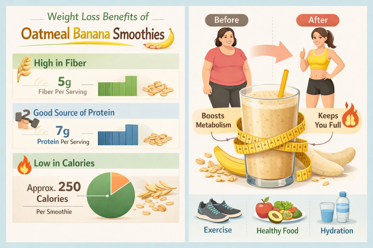 Detailed infographic showing weight loss benefits of oatmeal banana smoothies (1536x1024). Split composition with left side displaying nutri
