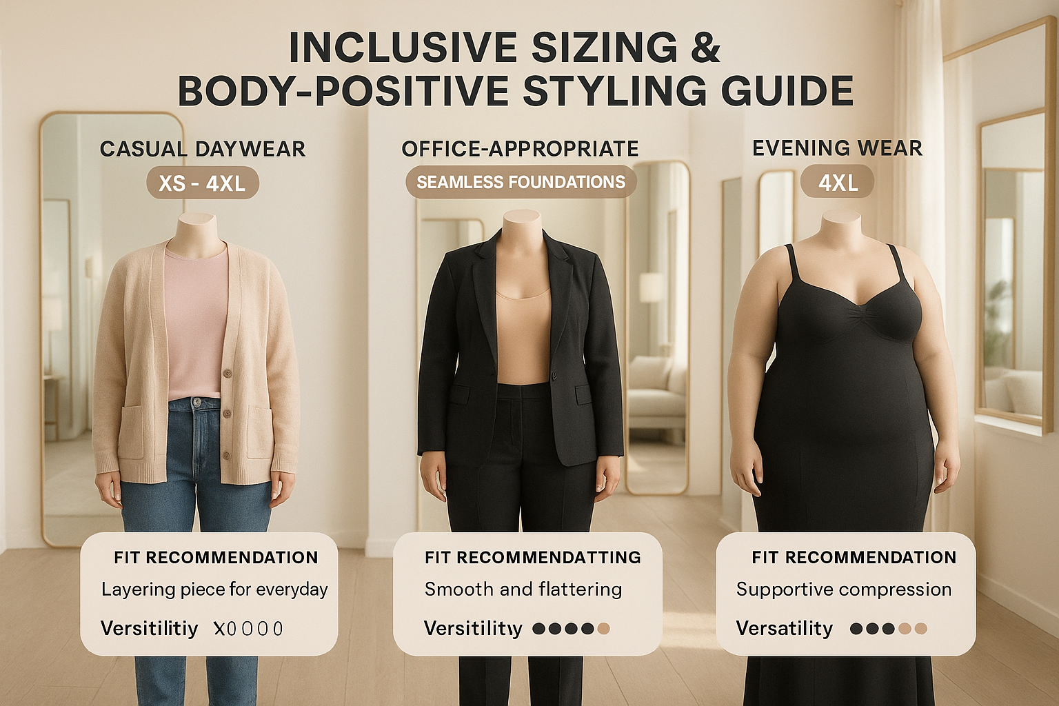 Detailed landscape editorial image (1536x1024) showcasing inclusive sizing and body-positive styling guide. Scene features diverse body type