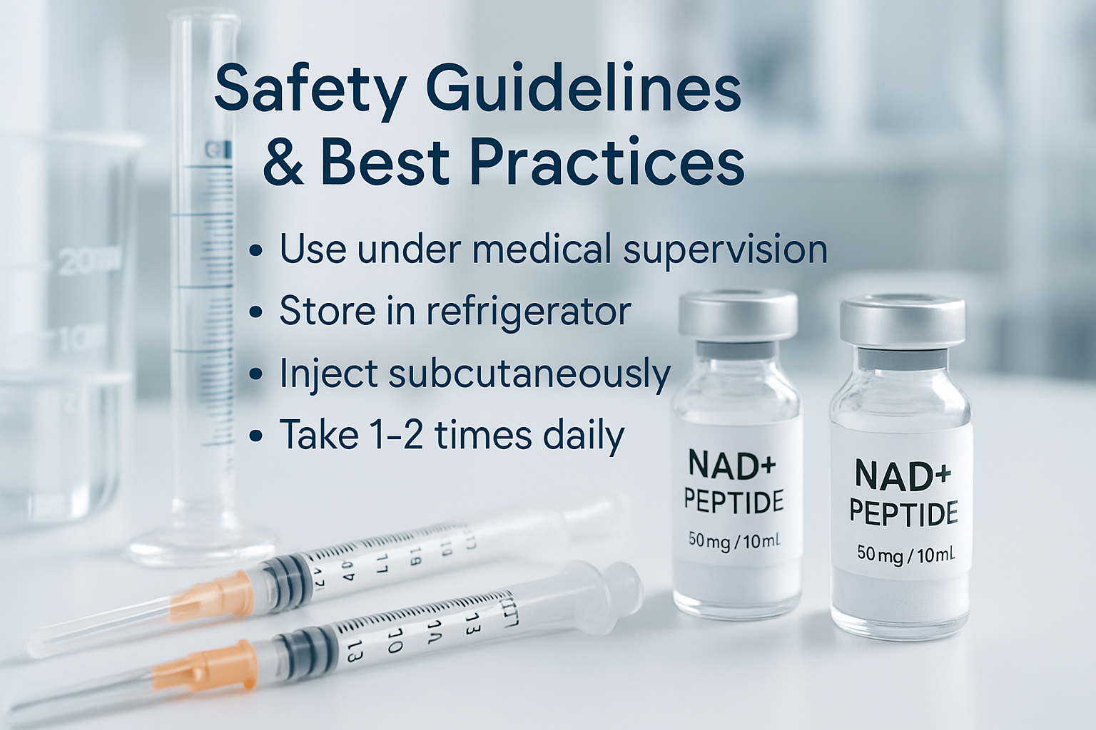 Professional laboratory scene showing NAD+ peptide vials, syringes, and measurement tools with overlay text displaying safety guidelines and