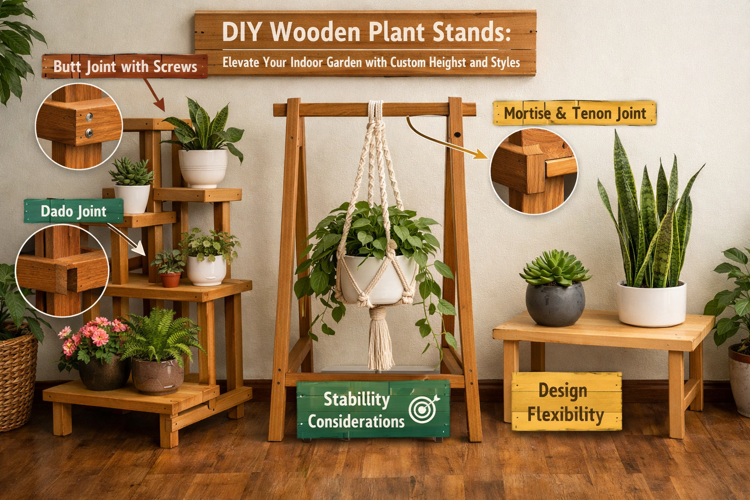 Detailed landscape format (1536x1024) image showcasing three different completed DIY wooden plant stands: a multi-tiered stand, a hanging pl