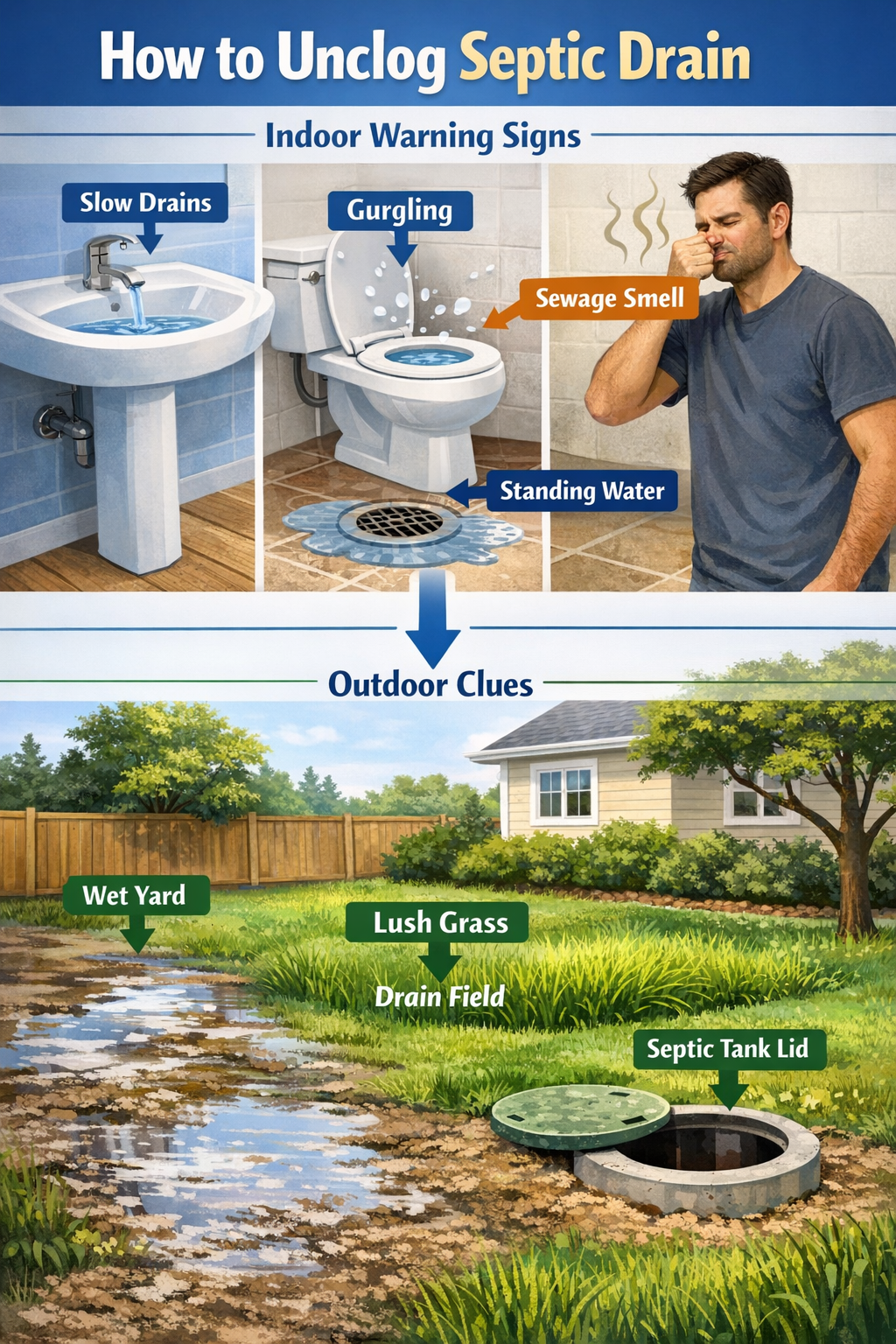 Infographic-style editorial image focused on diagnosis for How to Unclog Septic Drain. Show a split-scene vertical layout:
