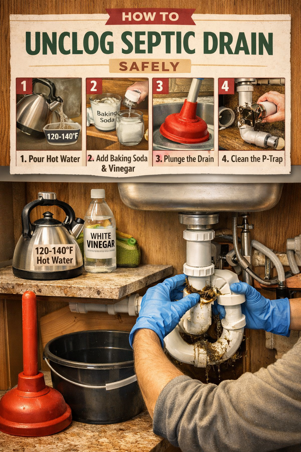 Step-by-step editorial image for How to Unclog Septic Drain using safe DIY methods. Feature a countertop display and