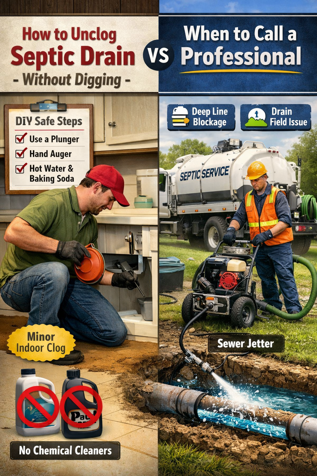 Comparison-style editorial image for How to Unclog Septic Drain without digging versus when to call a professional. Create a