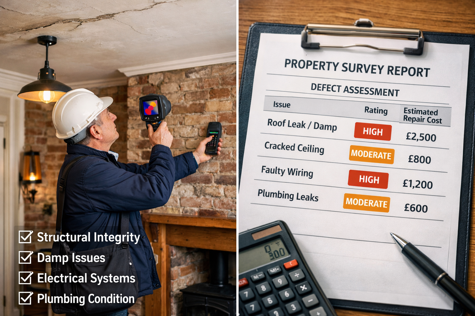 Detailed landscape format (1536x1024) editorial image showing comprehensive building survey inspection scene. Professional chartered surveyo