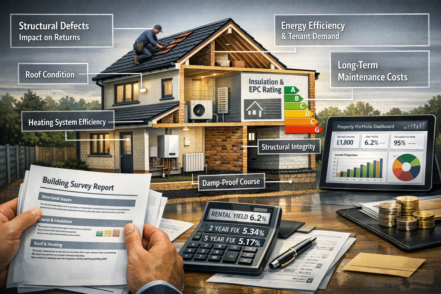 Detailed landscape format (1536x1024) professional composition showing buy-to-let investment decision-making process. Central image features