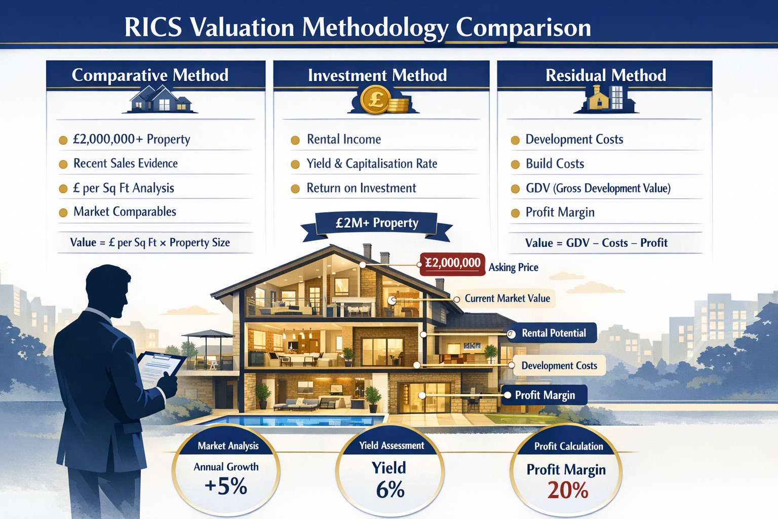 () detailed illustration showing RICS valuation methodology comparison chart with three columns: Comparative Method,