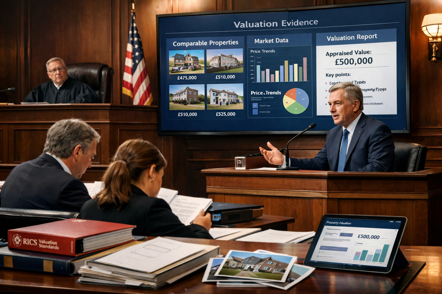 () professional courtroom scene showing expert witness stand with chartered surveyor presenting valuation evidence. Large