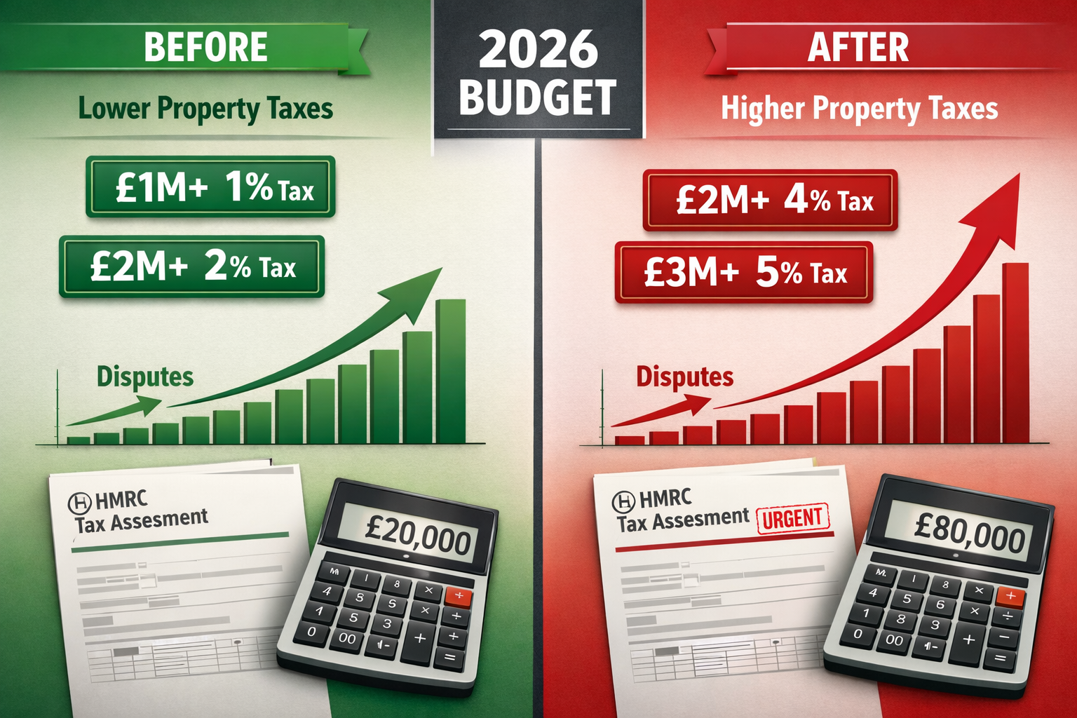 () split-screen composition showing before/after 2026 Budget changes impact on property valuations. Left side: pre-budget