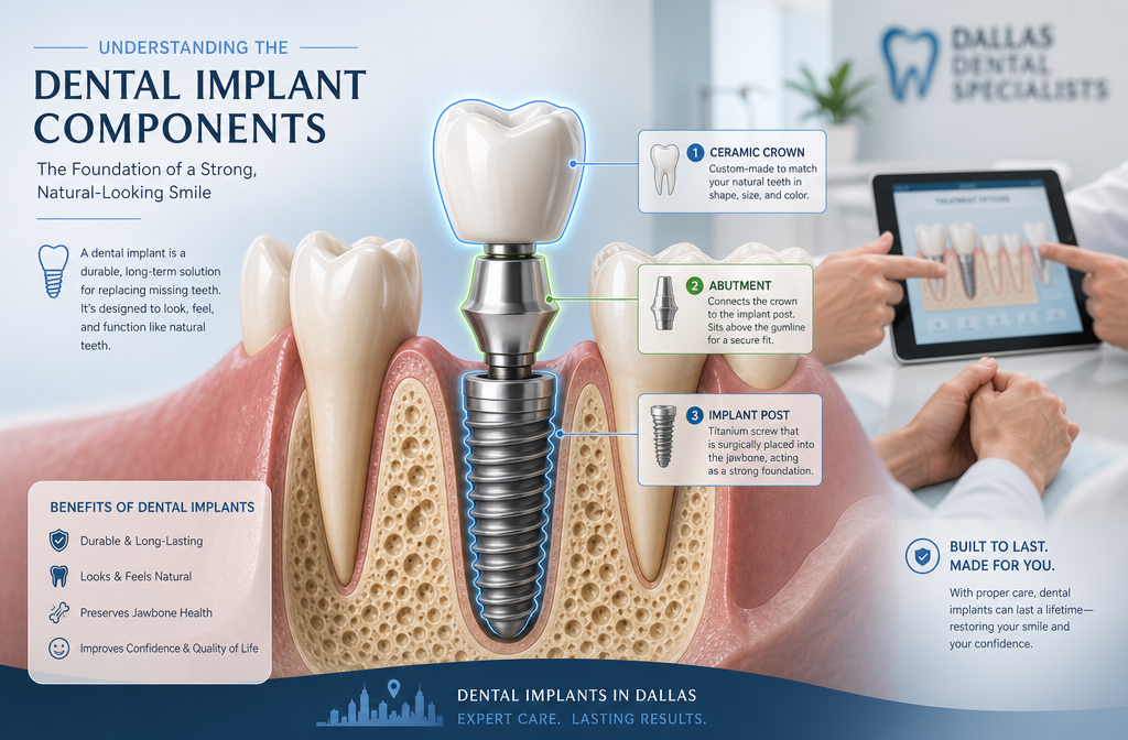 () image illustrating the foundational components of a dental implant: a titanium screw (the implant post), an abutment, and