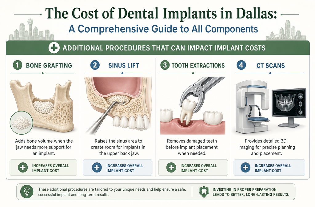 () infographic or diagram visually breaking down the additional procedures that can impact dental implant costs. This should