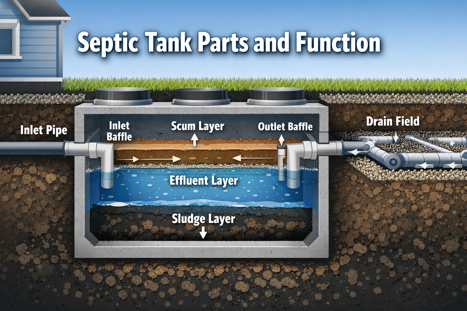 Professional landscape format (1536x1024) hero image featuring bold text overlay 'Septic Tank Parts and Function' in 72pt white sans-serif f