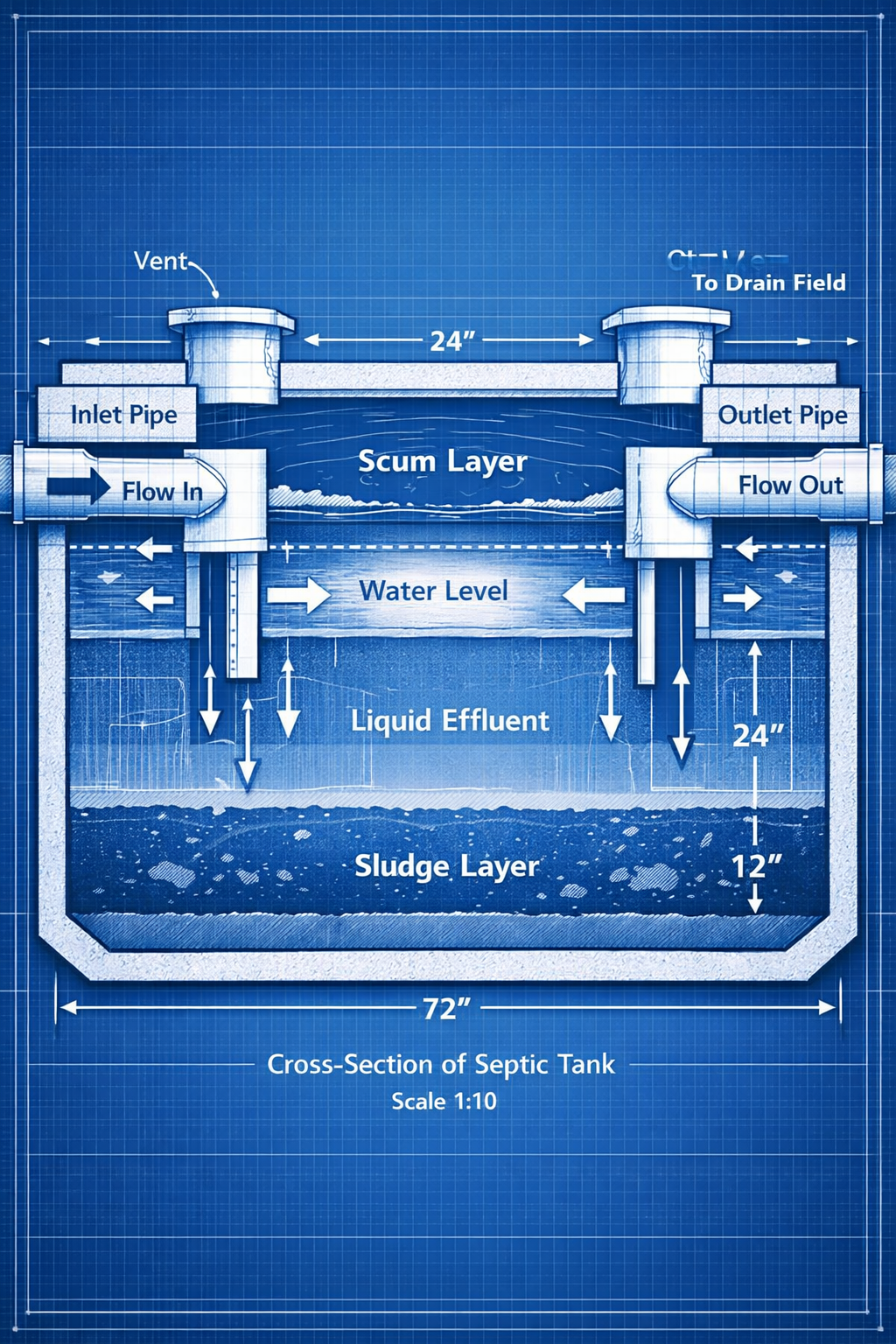 Portrait format (1024x1536) detailed technical diagram showing septic tank inlet and outlet pipes with directional flow arrows, T-shaped baf