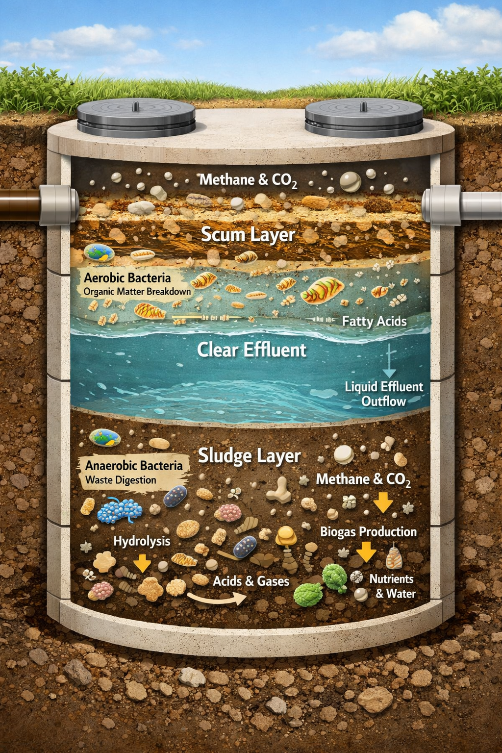Portrait format (1024x1536) cutaway view of septic tank interior showing three distinct layers - floating scum layer at top, clear effluent 