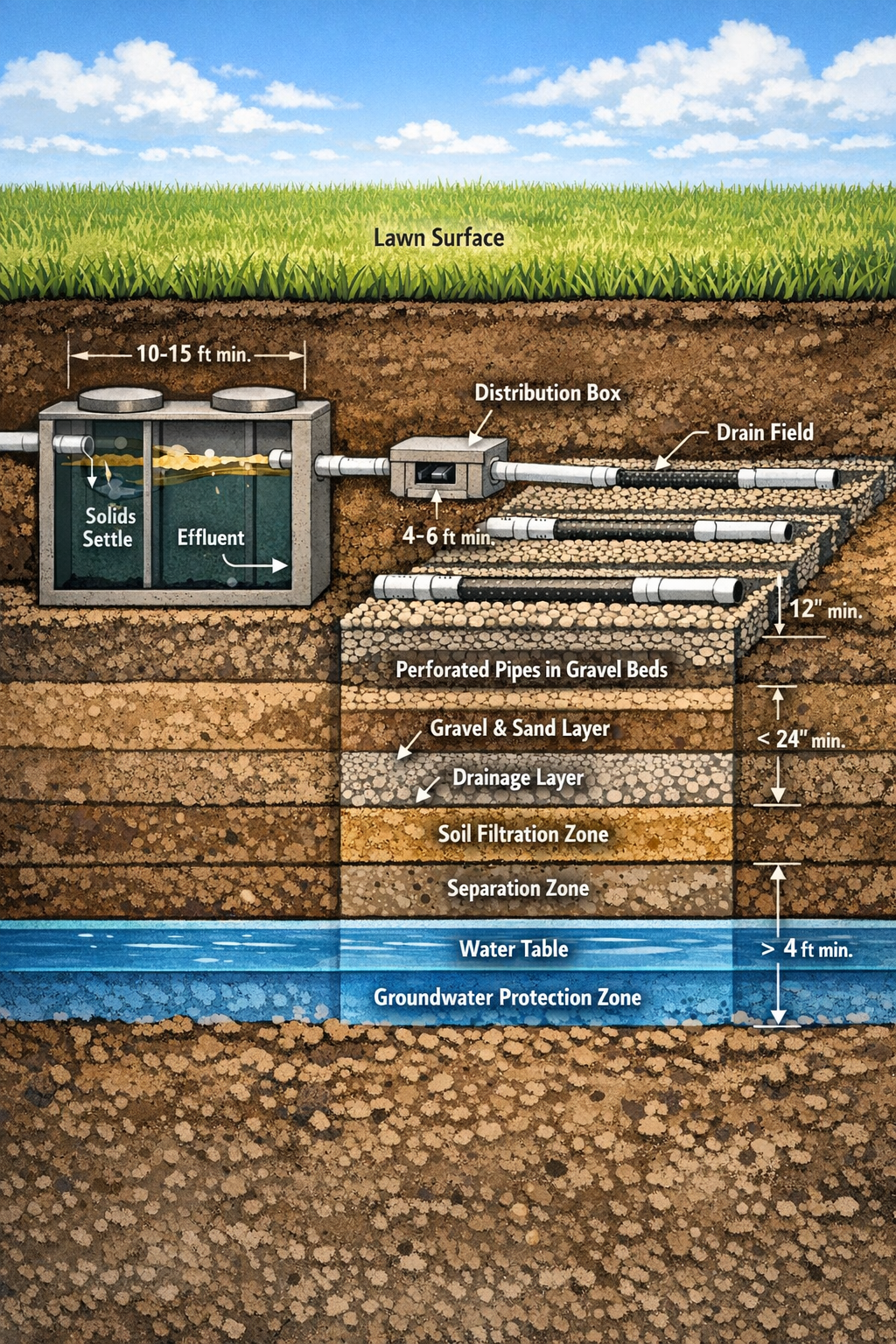 Portrait format (1024x1536) underground septic system layout showing tank connected to distribution box and drain field with perforated pipe
