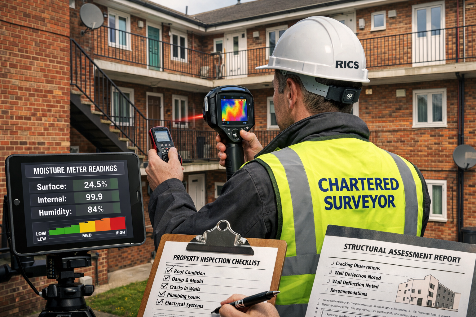() detailed image showing professional RICS chartered surveyor conducting comprehensive building inspection of multi-unit