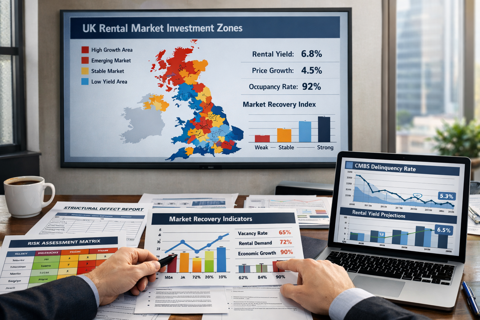 () analytical workspace scene featuring large wall-mounted monitor displaying geographic heat map of UK rental markets with
