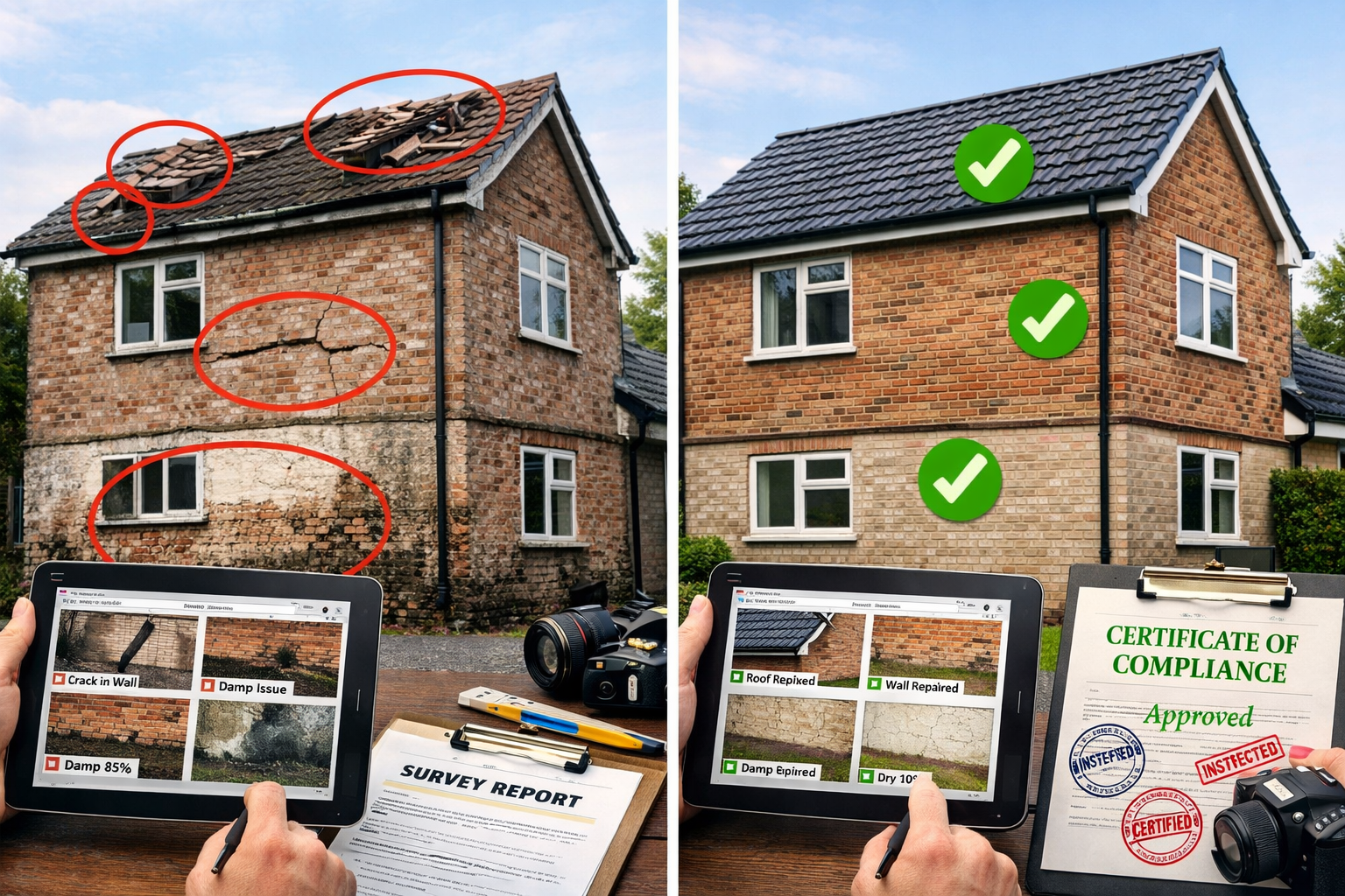 () split-screen comparison image showing before-and-after building condition documentation, left side displays property with