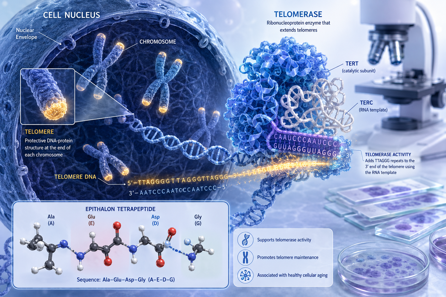 Scientific illustration () showing a detailed cross-section diagram of a cell nucleus with telomeres highlighted in glowing