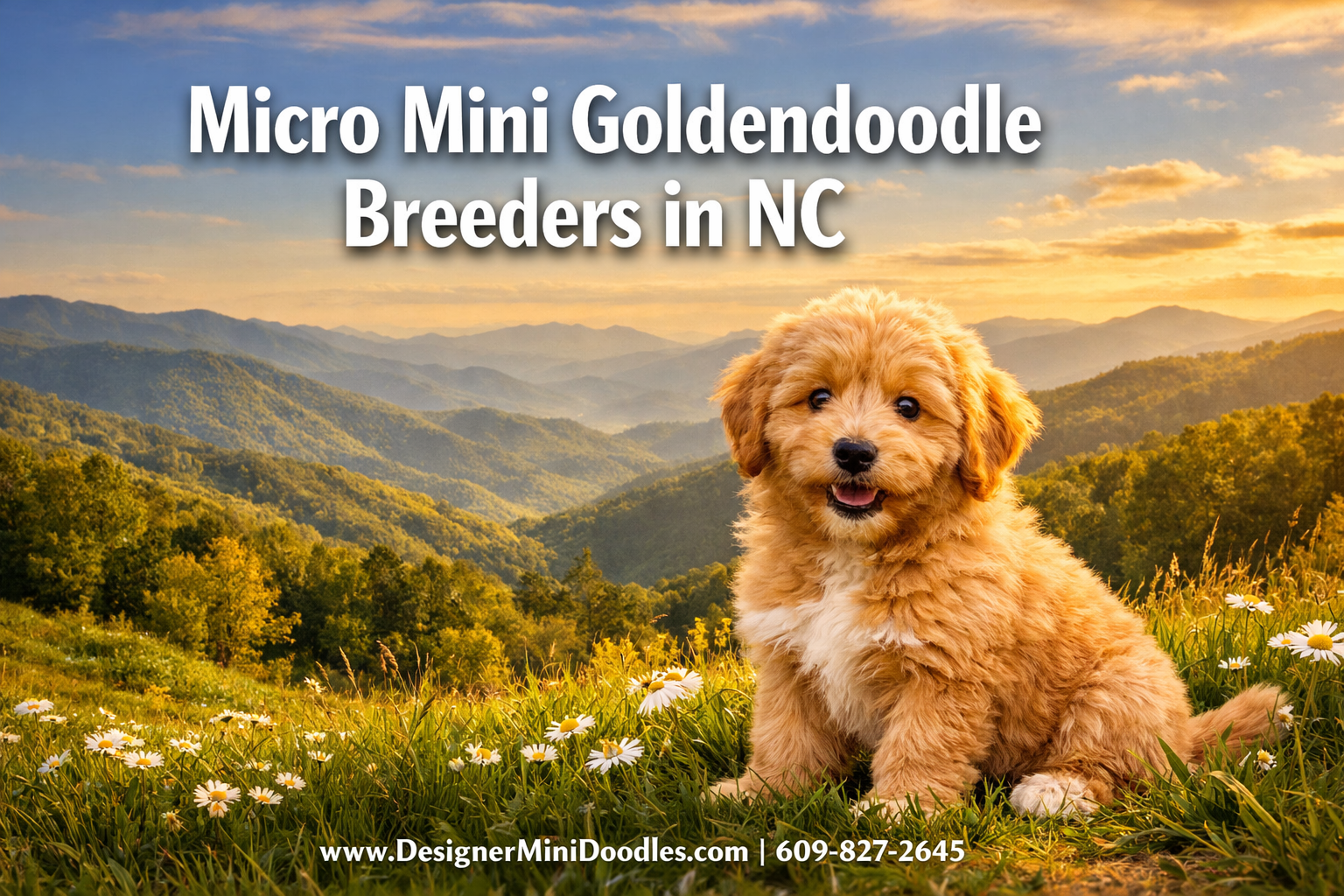 Professional () hero image with : 'Micro Mini Goldendoodle Breeders in NC' in extra large white with dark drop , centered
