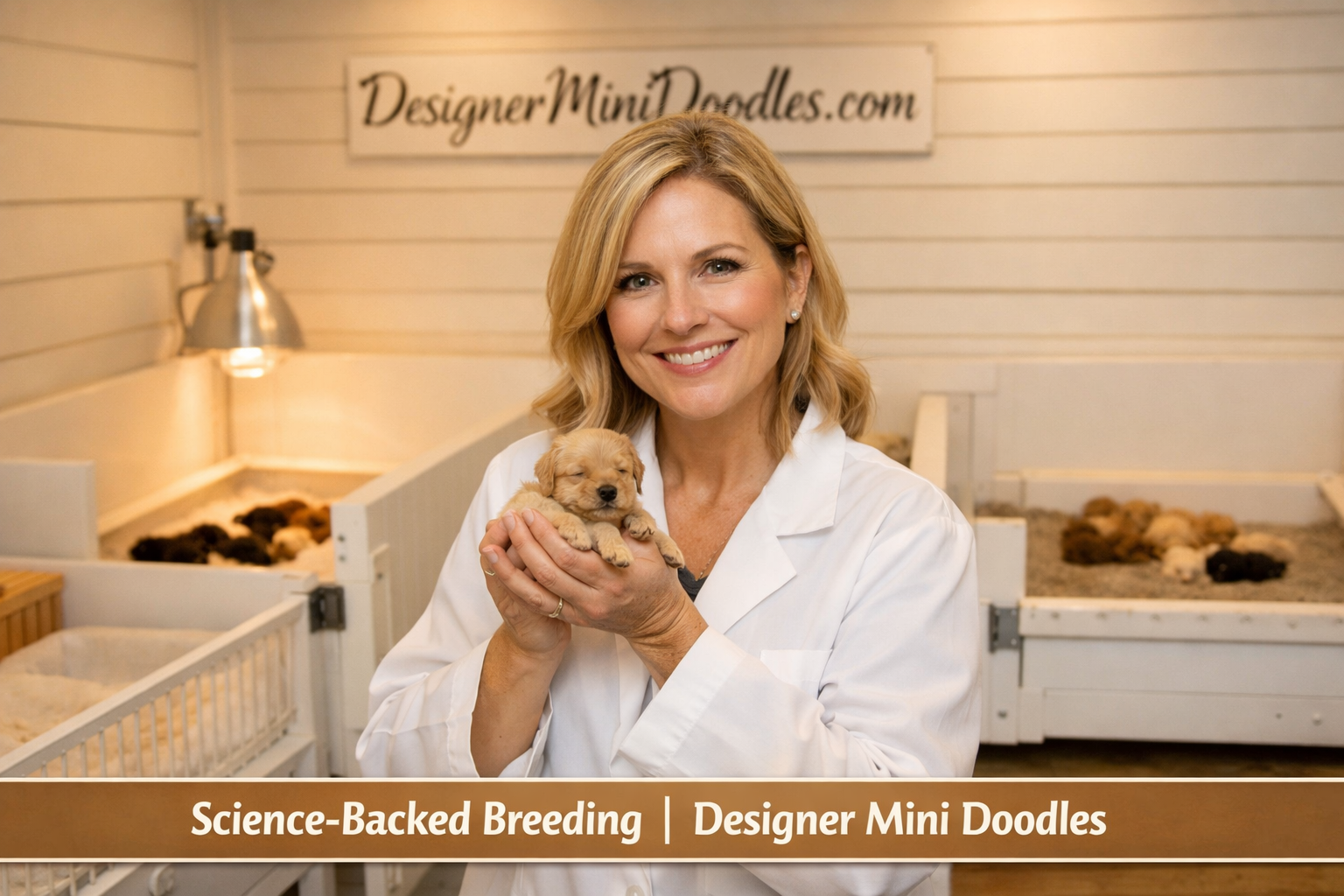 () editorial image showing a professional animal biologist woman in a clean, bright whelping facility in North Carolina