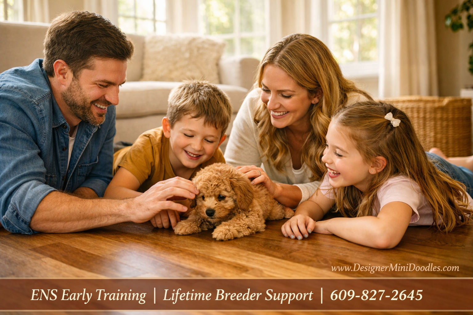 () showing a warm, joyful family scene in a North Carolina suburban home — parents and two children on a living room floor