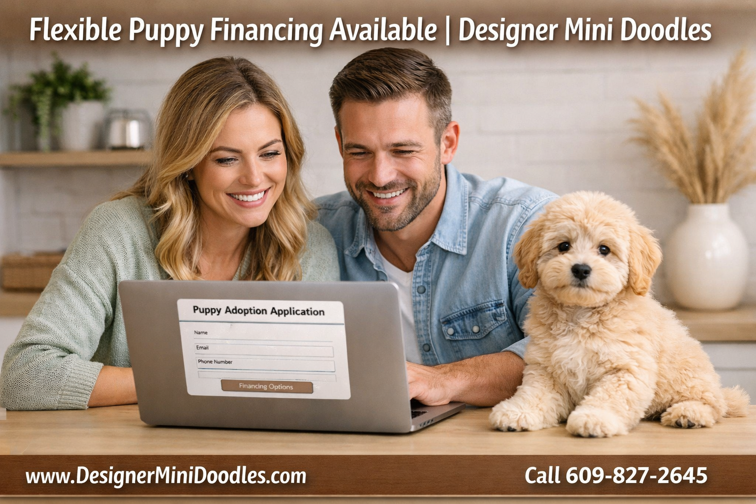 () showing a happy North Carolina couple sitting at a laptop reviewing puppy financing options, with a fluffy cream micro