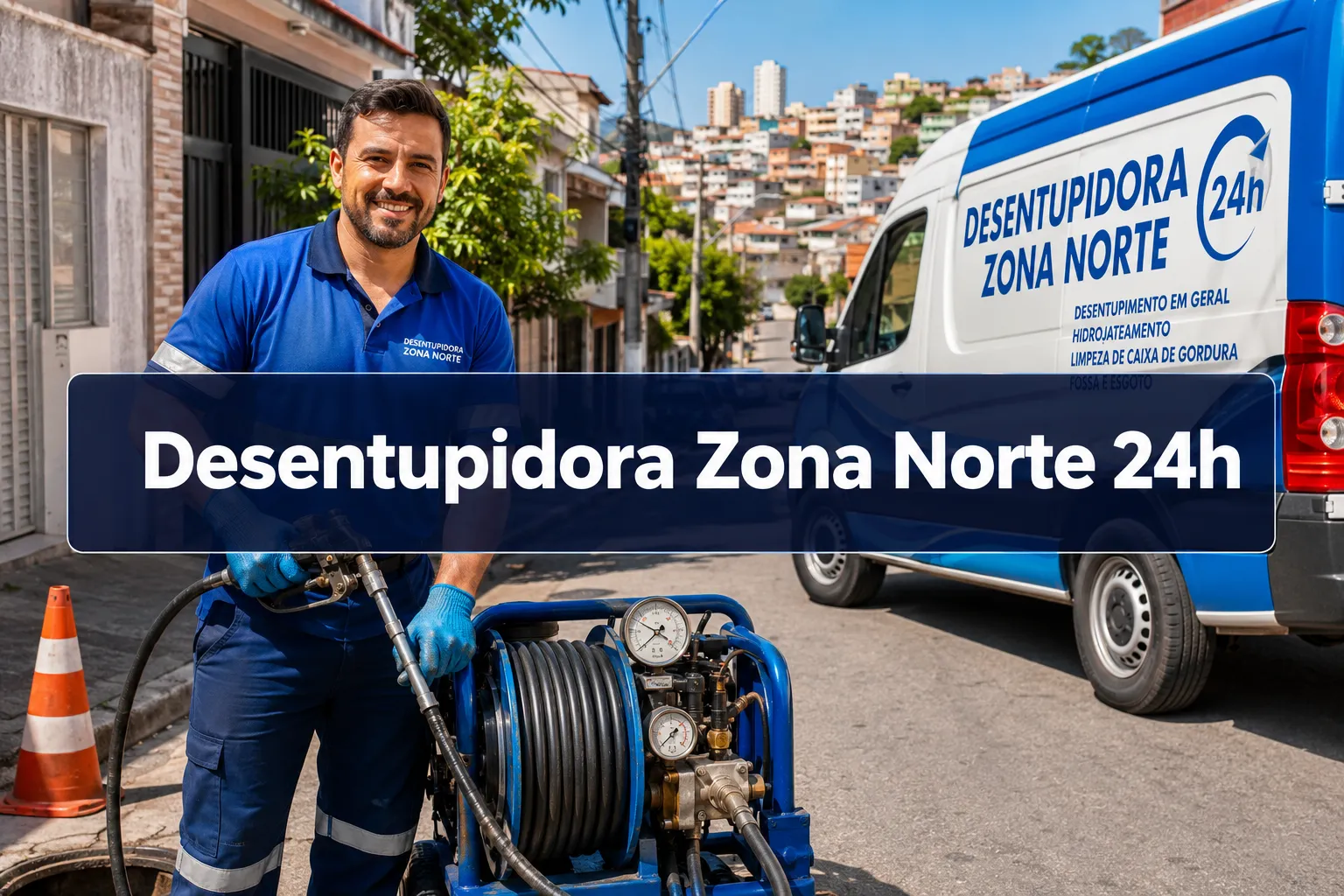 Professional () hero image with (≤42 chars): 'Desentupidora Zona Norte 24h', white on a deep navy semi-transparent panel,