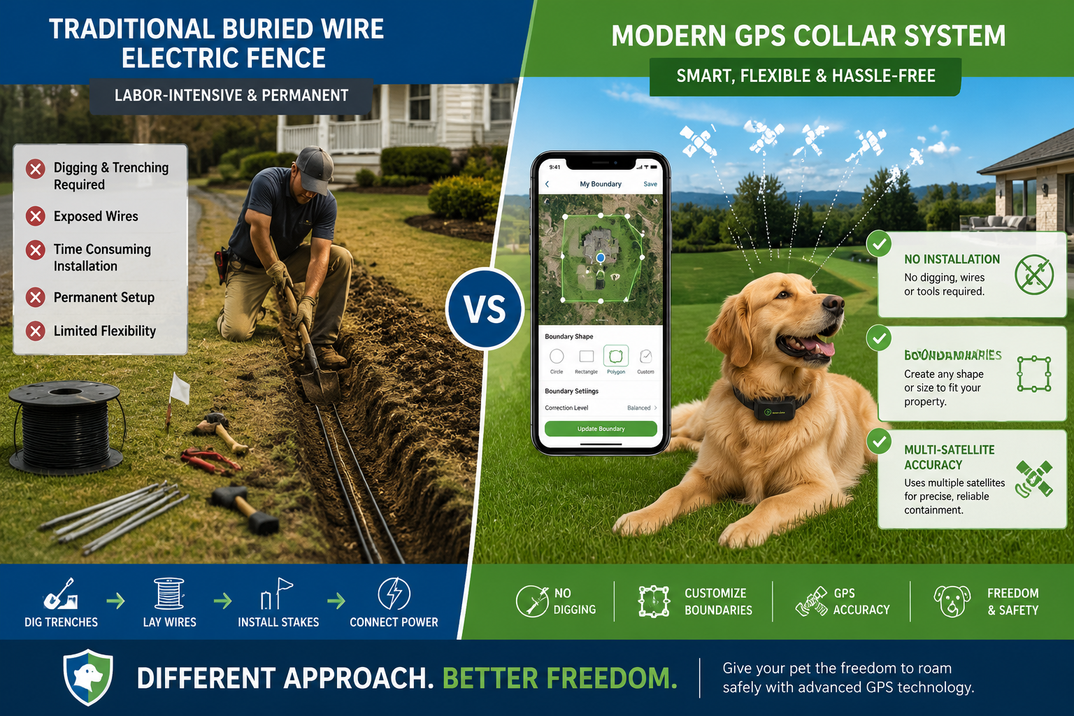 Detailed () image showing side-by-side comparison split-screen: left side displays traditional buried wire electric fence