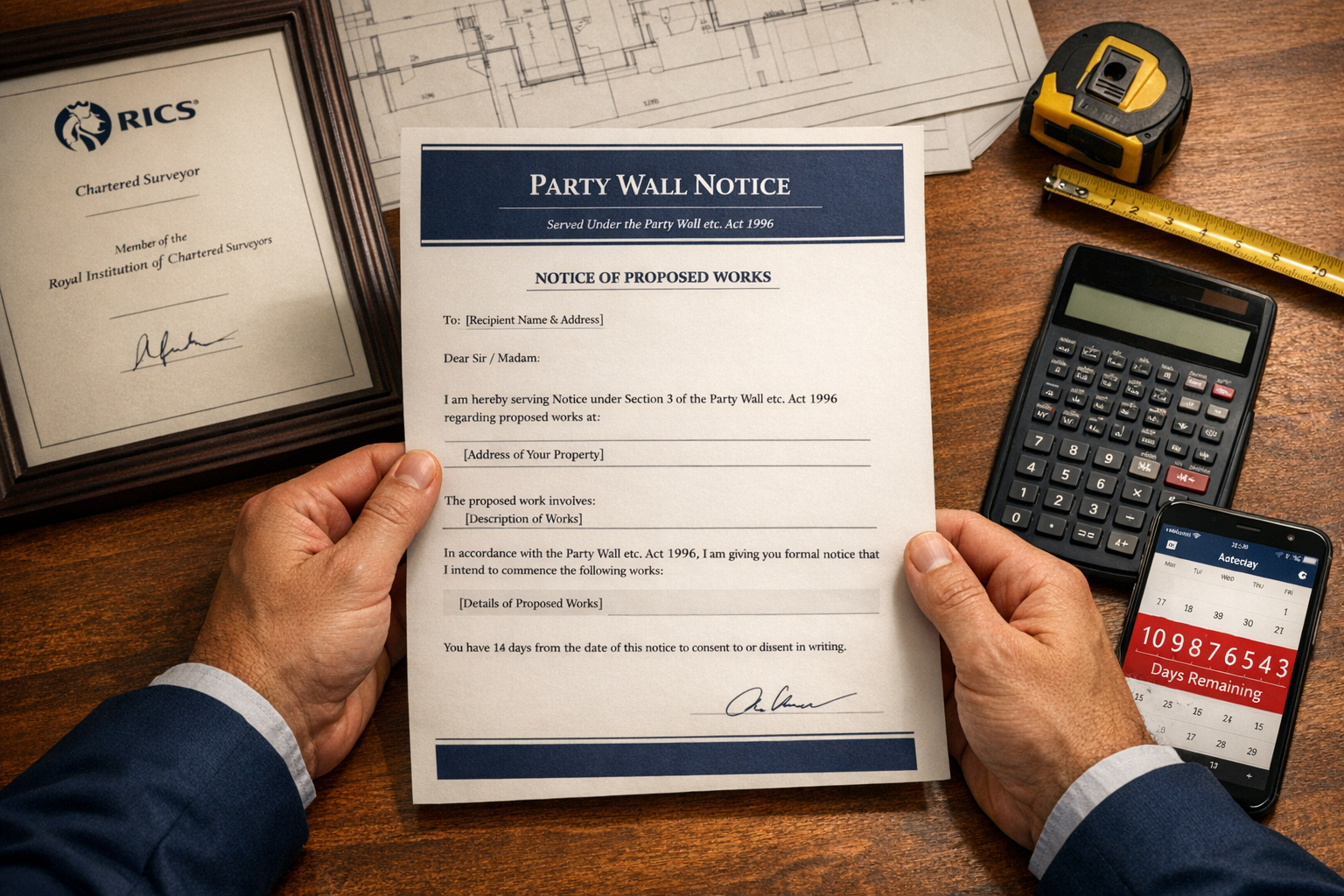 Detailed () image showing close-up of professional surveyor's hands holding official Party Wall Notice document with visible