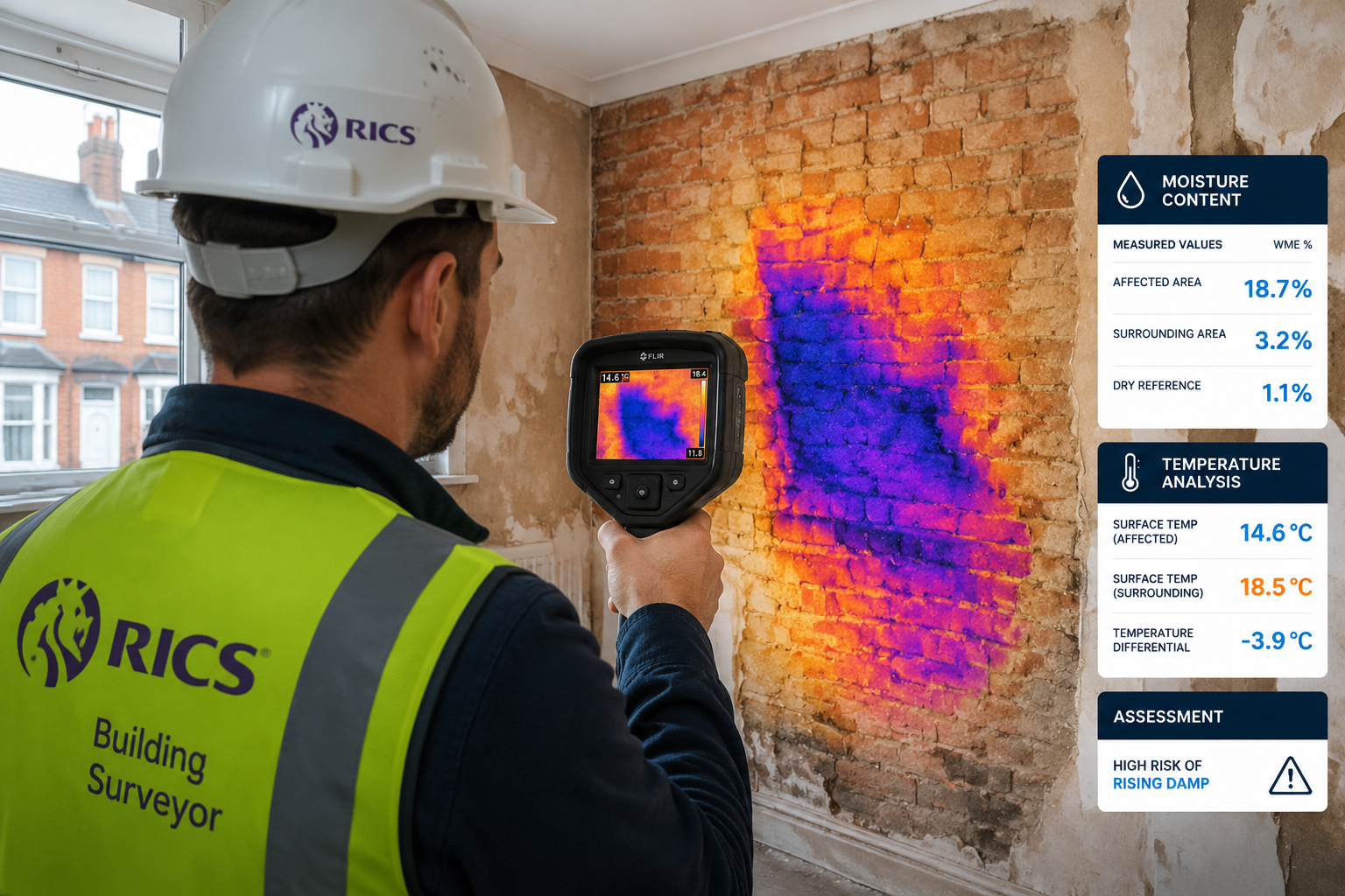 Detailed () editorial illustration showing a professional RICS building surveyor in a hard hat and hi-vis vest holding a