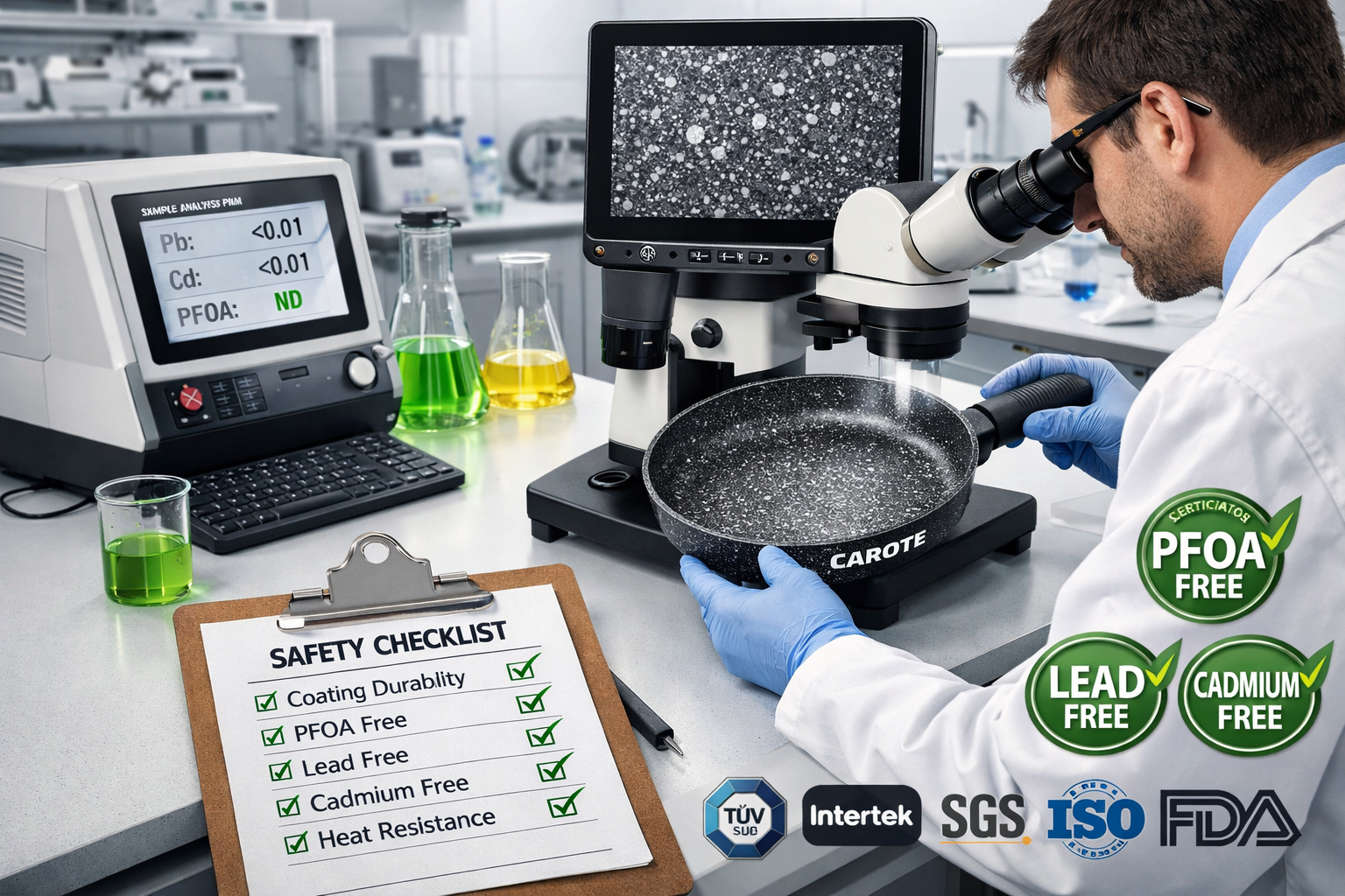 Landscape format (1536x1024) product testing laboratory scene showing Carote cookware undergoing safety certification process, scientist in 