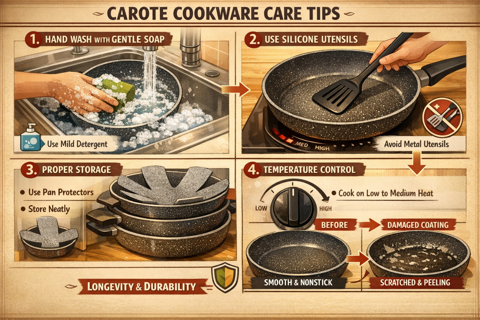 Landscape format (1536x1024) practical kitchen maintenance guide visualization showing proper care techniques for Carote cookware, four-pane