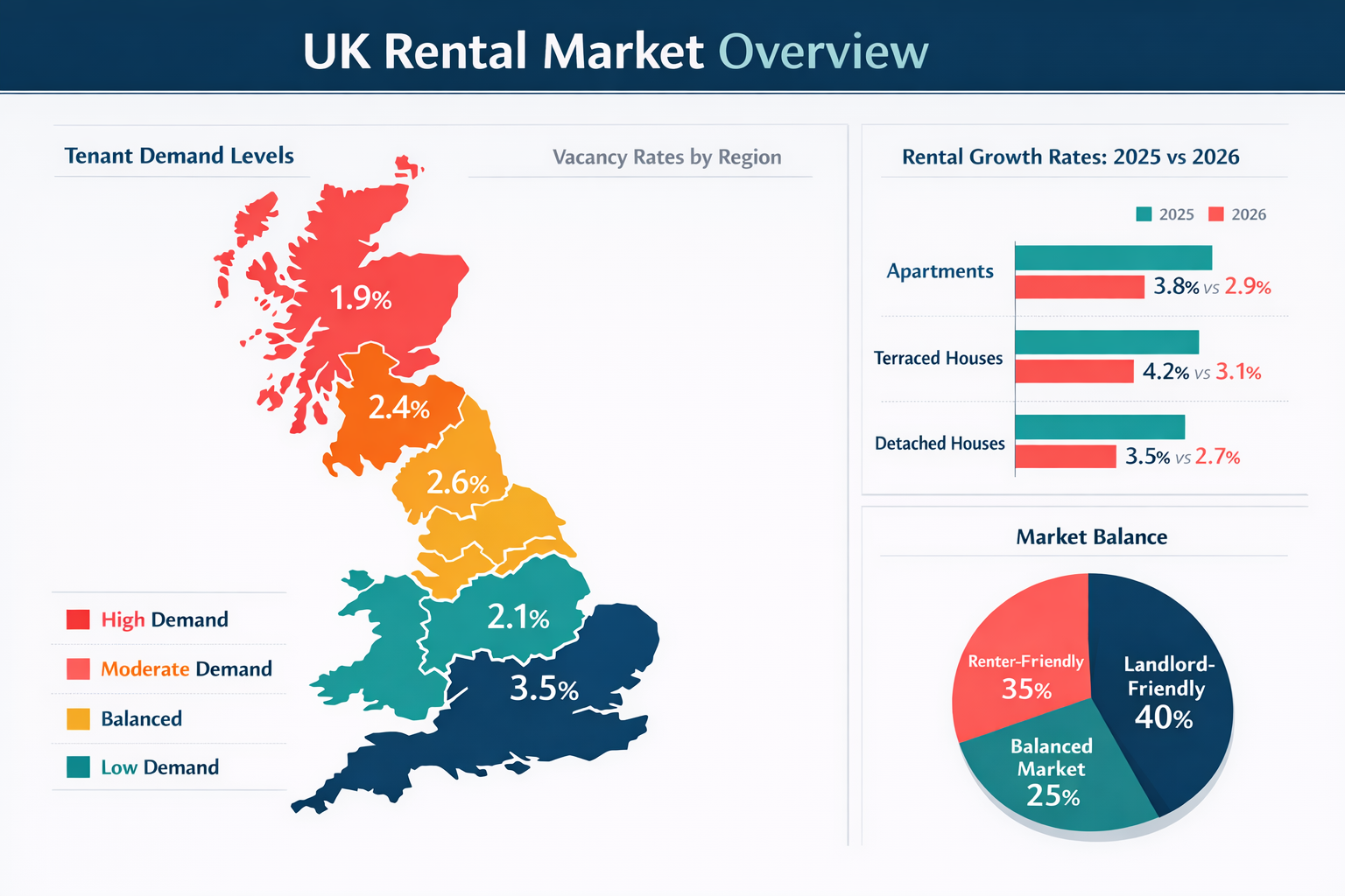 () infographic-style image displaying regional rental market heat map of United Kingdom with color-coded zones indicating