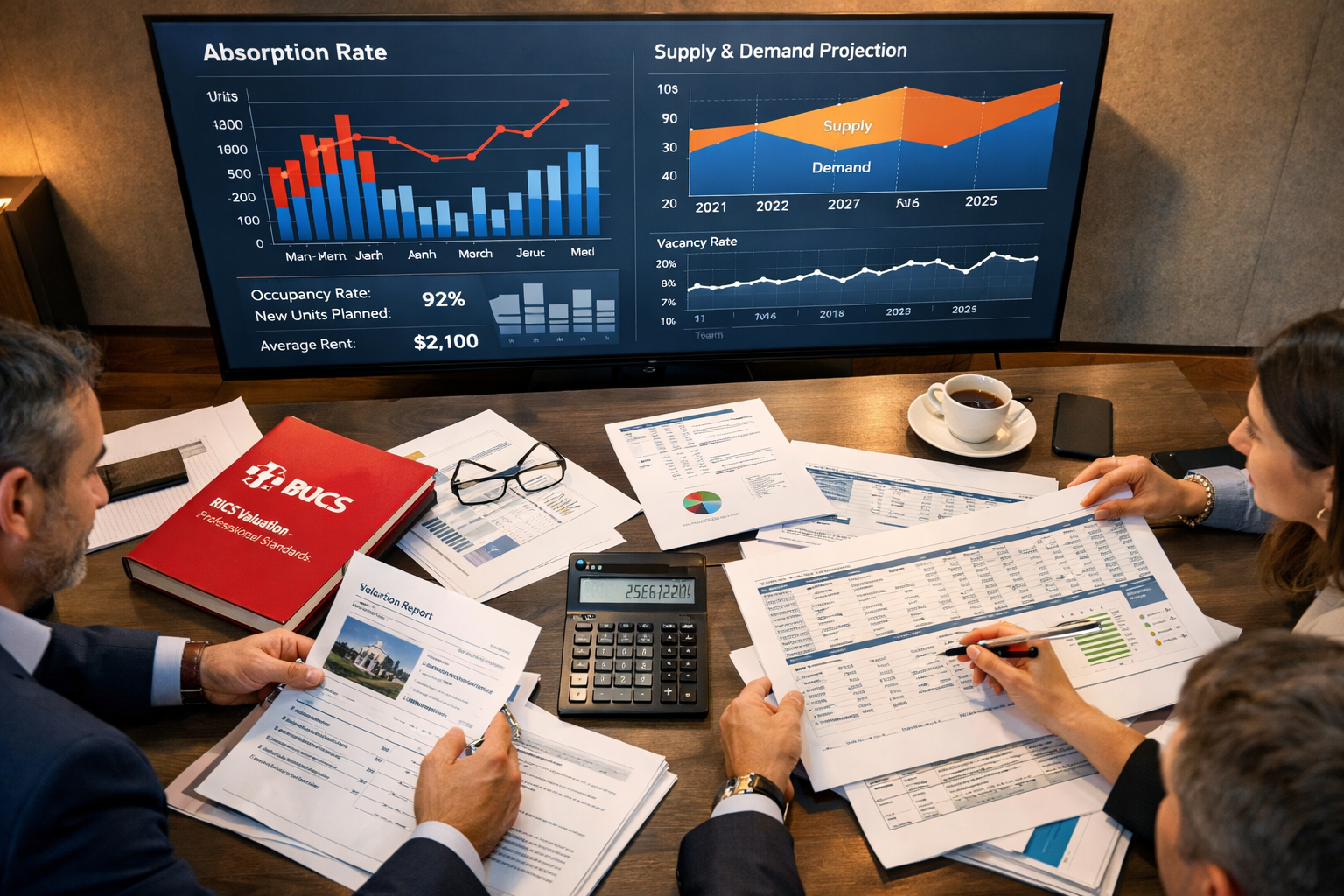 () conceptual business image showing investment decision-making scene with property investors reviewing valuation survey
