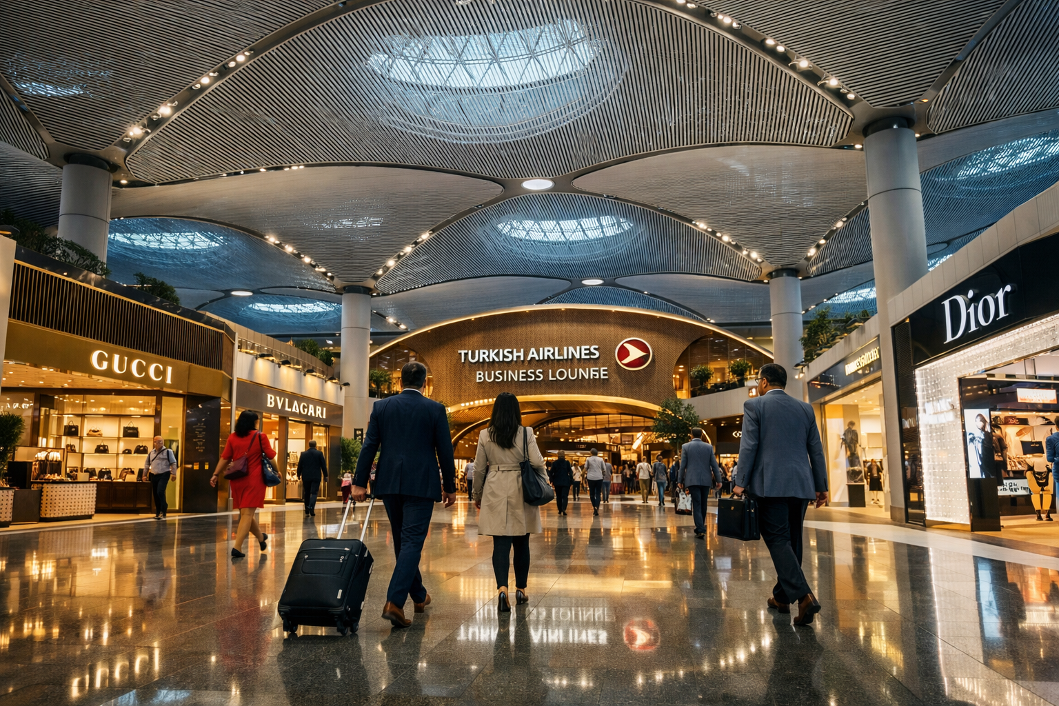 () editorial photograph showing the interior of Istanbul Airport's international terminal with soaring modern architecture,