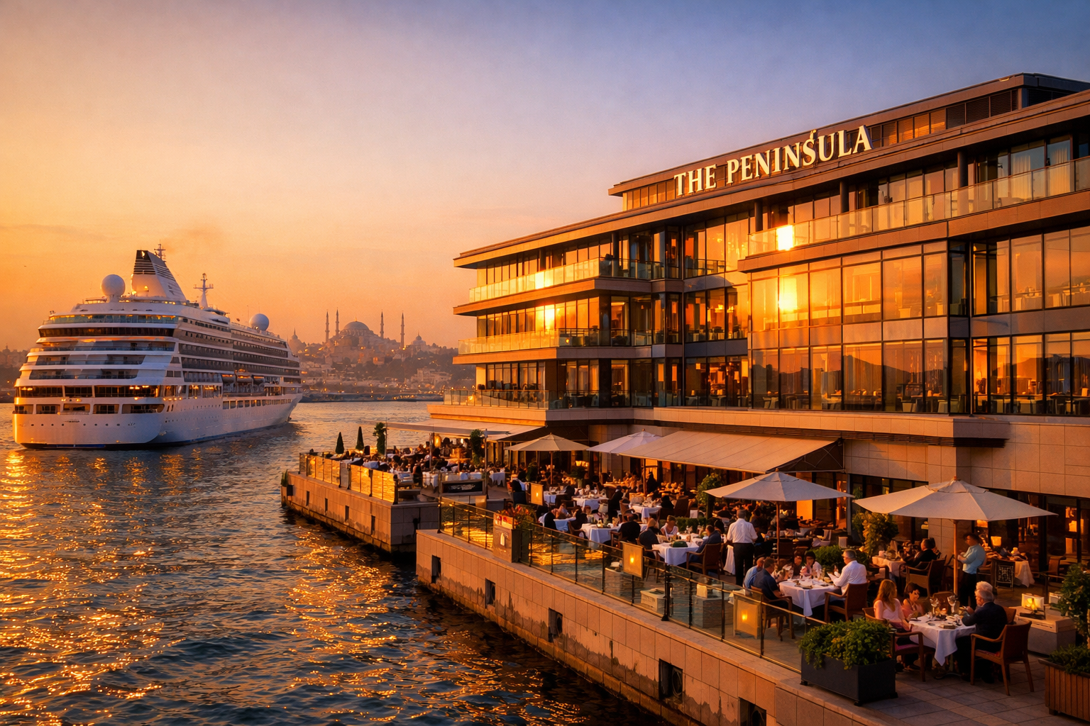 () stunning exterior photograph of The Peninsula Istanbul hotel at Galataport waterfront at golden hour, the sleek