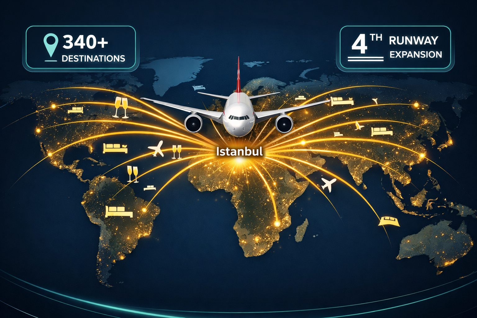 () bird's-eye conceptual infographic-style image showing a stylized map of global flight routes converging on Istanbul, with