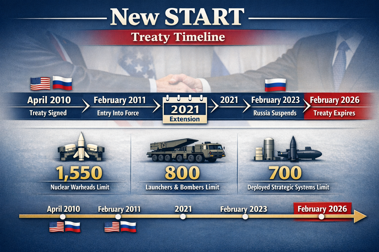 Landscape format (1536x1024) editorial image showing detailed infographic of New START treaty timeline from 2010 to 2026. Visual features ho