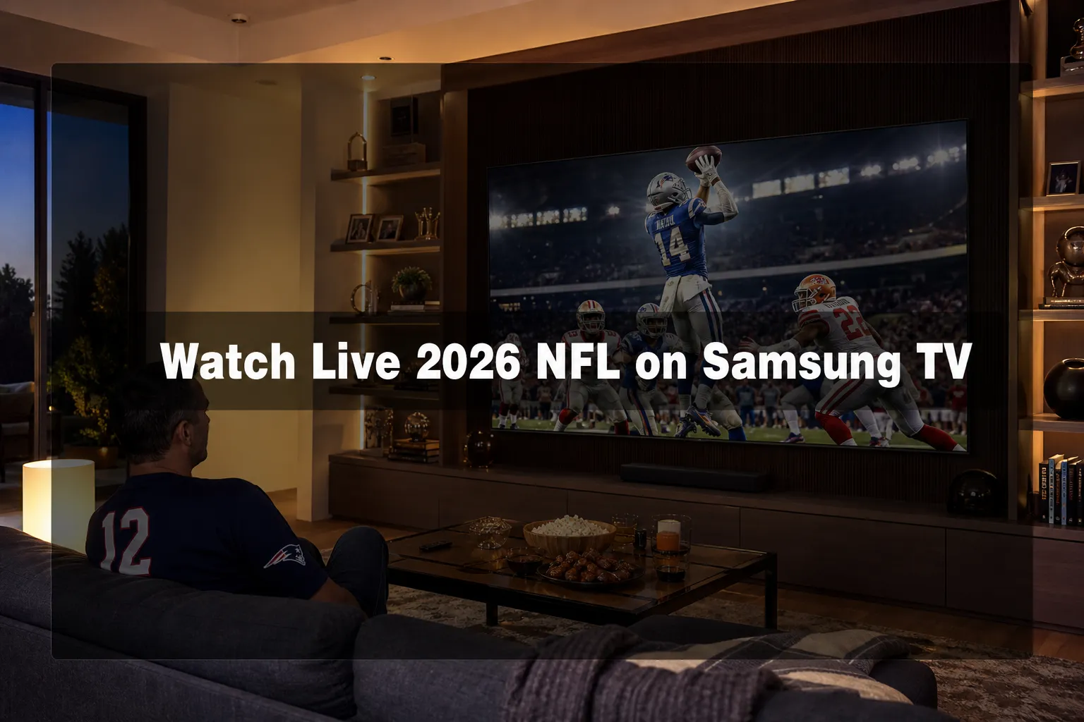 Professional () hero image with 'Watch Live 2026 NFL on Samsung TV' in white on a dark semi-transparent panel, centered with