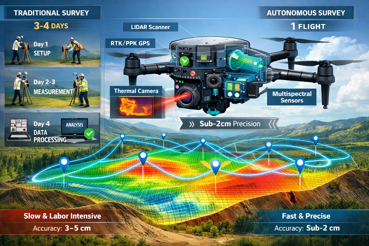Detailed landscape format (1536x1024) illustration showing autonomous drone with transparent overlay revealing internal intelligent sensors 