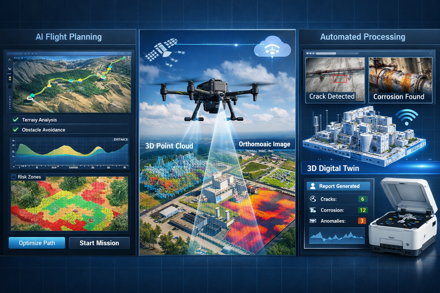 Detailed landscape format (1536x1024) technical visualization showing three-panel comparison of autonomous drone workflow stages: left panel