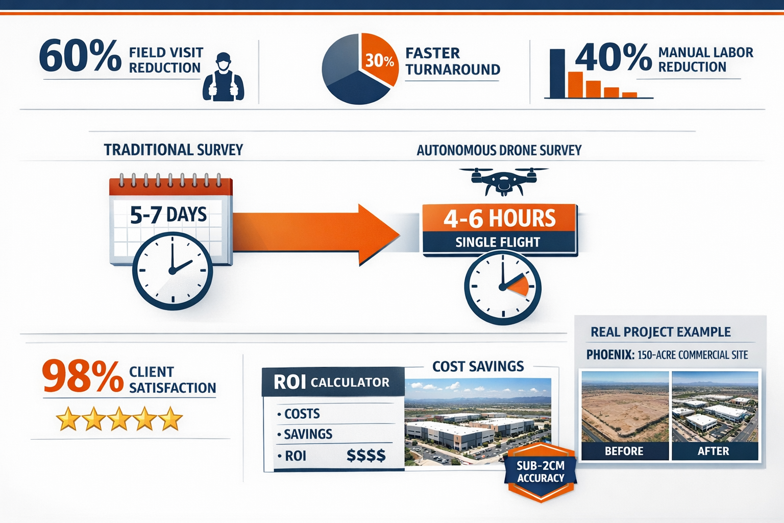 Detailed landscape format (1536x1024) business impact infographic showing measurable survey timeline reductions through autonomous workflows